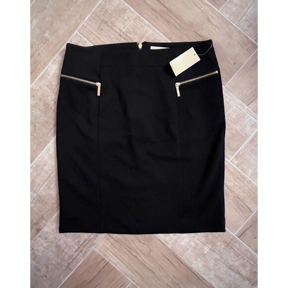 NWT Michael Kors Women’s Black Knit Knee Length Gold Zip Pencil Skirt Size 12 - Picture 16 of 16